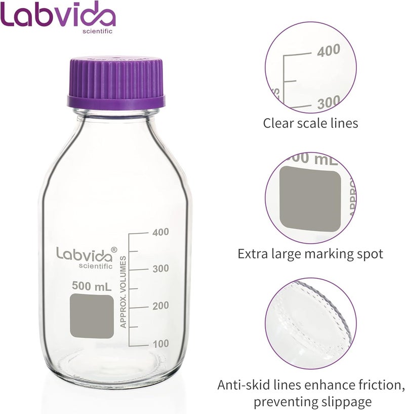 Labvida 4pcs 500ml Thick Glass Round Media Storage Bottles with GL45 Screw Cap, Borosilicate Glass, LVAD005 - Image 5